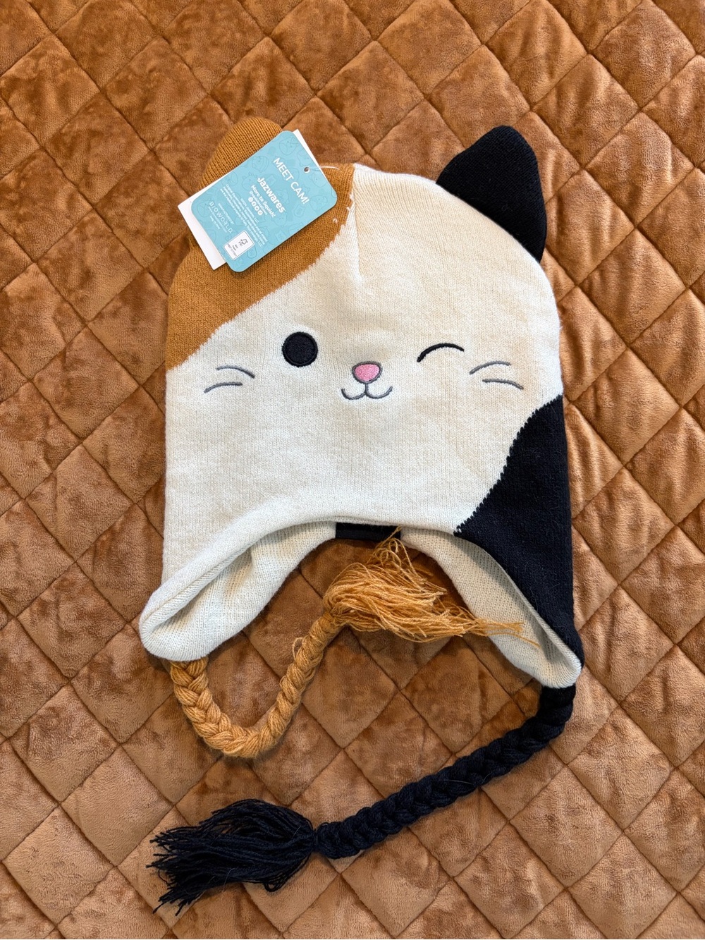 Squishmallow Cute Cat Ear Knit Hat - Cream, Black & Tan NWT